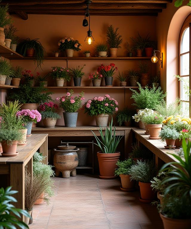 L'interno accogliente e rustico del negozio Goccia di Rosa, con vasi di fiori e piante su scaffali di legno.