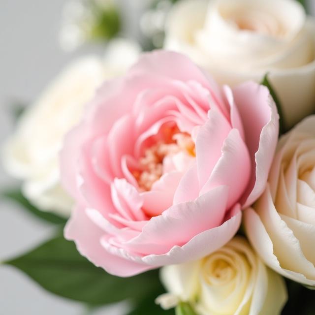 Dettaglio di un bouquet da sposa con peonie rosa e rose bianche.