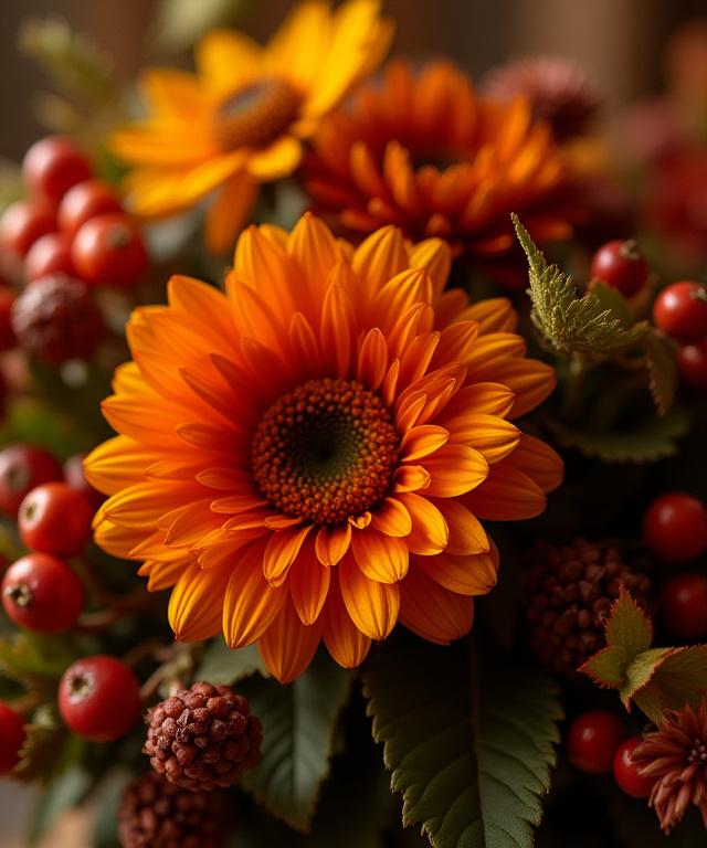 Una composizione con fiori e bacche dai colori autunnali caldi.