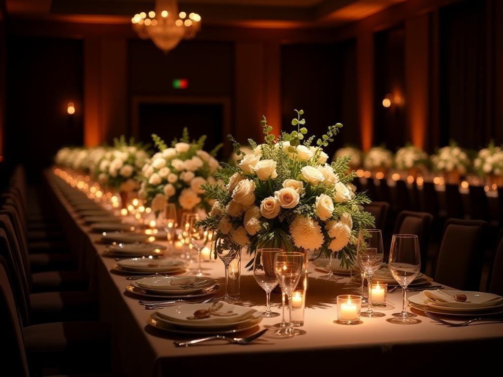 Allestimento floreale per una cena di gala aziendale.
