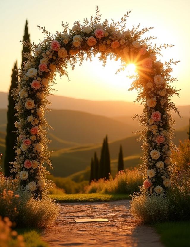 Arco nuziale fiorito con vista sulle colline toscane.