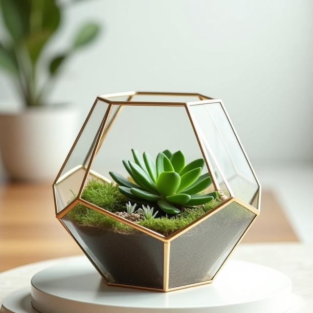 Un terrarium geometrico in vetro con piante grasse e muschio.