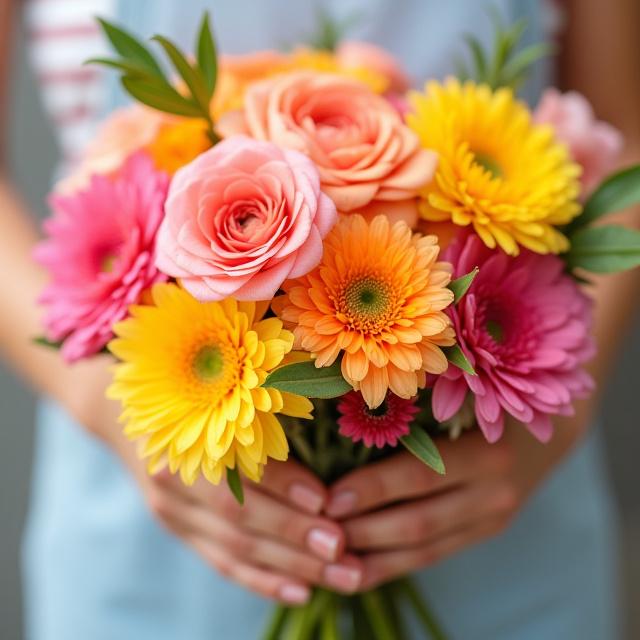 Primo piano di un bouquet colorato e variegato tenuto in mano.