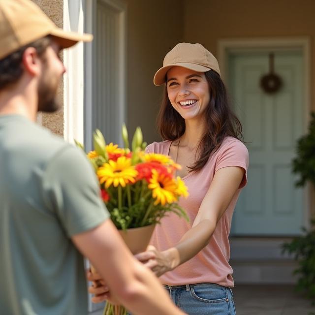 Un fattorino sorridente che consegna un mazzo di fiori alla porta di una casa.