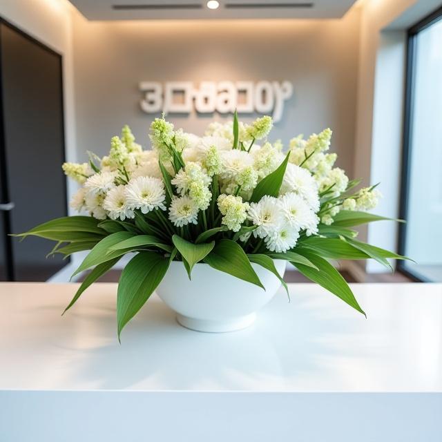 Una grande composizione floreale moderna sulla reception di un ufficio.