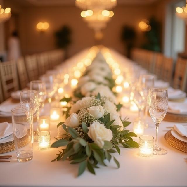 Tavola nuziale elegantemente decorata con un centrotavola floreale basso e lungo.